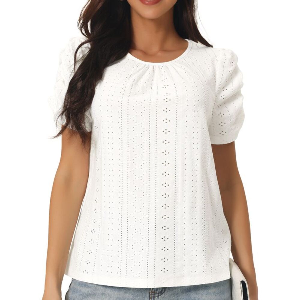 Ruched Short Sleeve Eyelet Tops Dressy Crewneck Blouses Summer T Shirts White